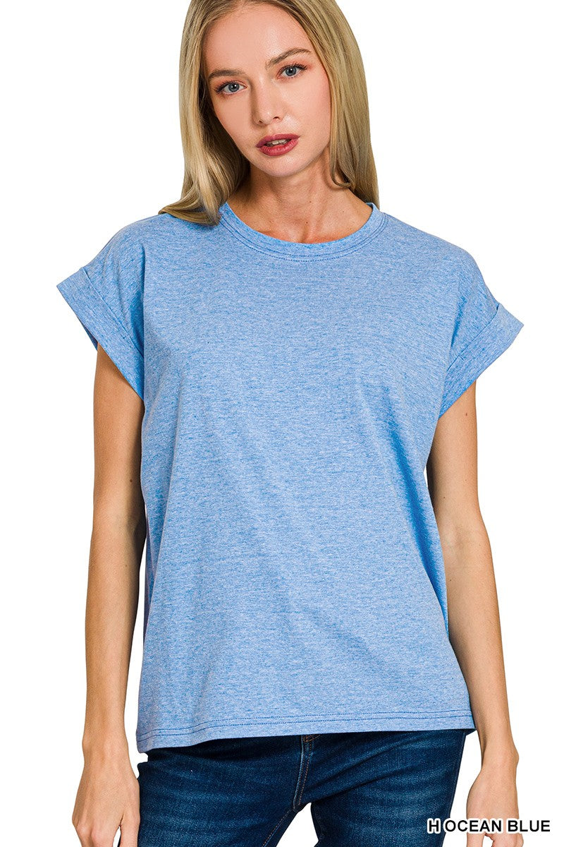 Round Neck Folded Sleeve Tee (7 Colors)