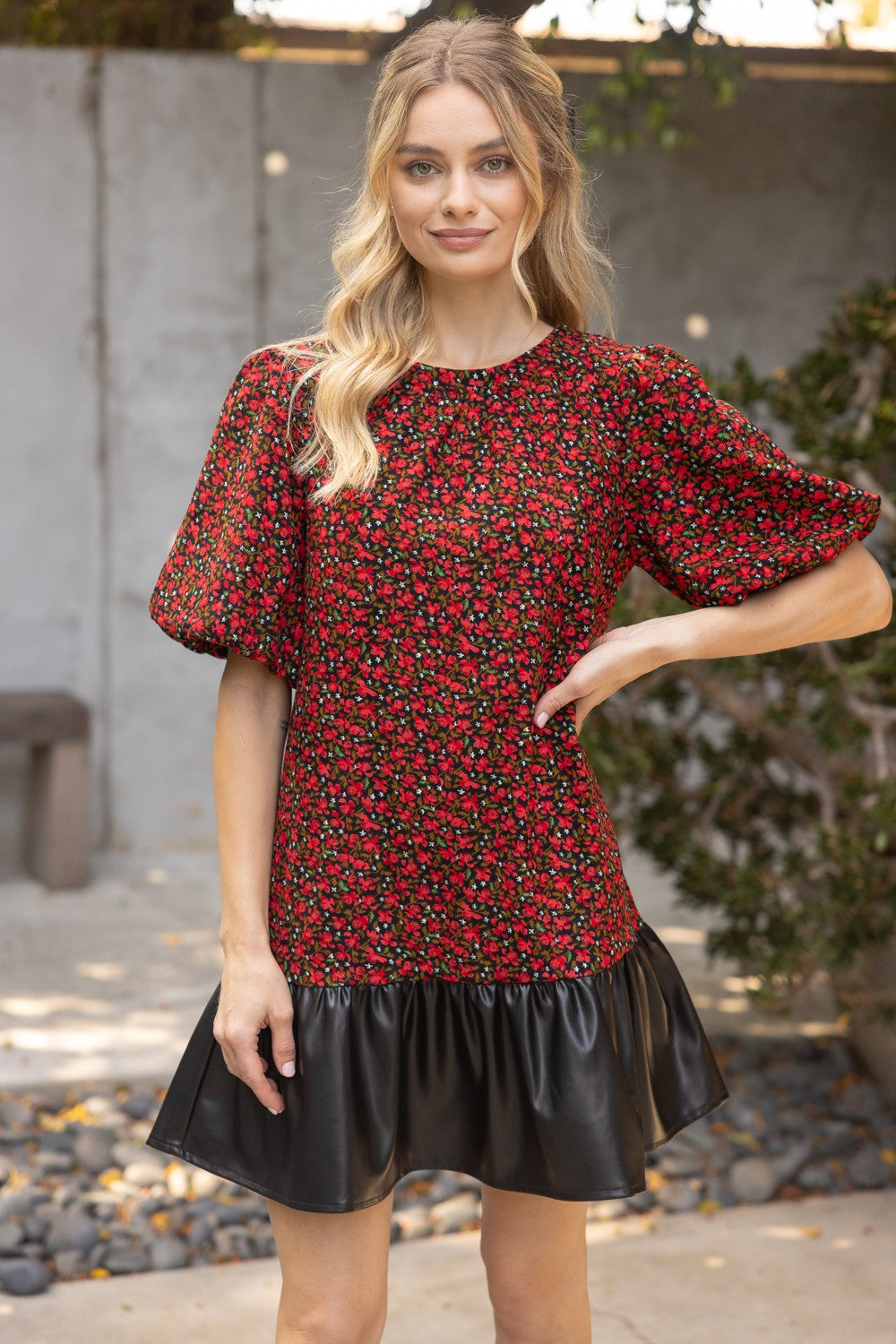 Flower Leather Hem Dress