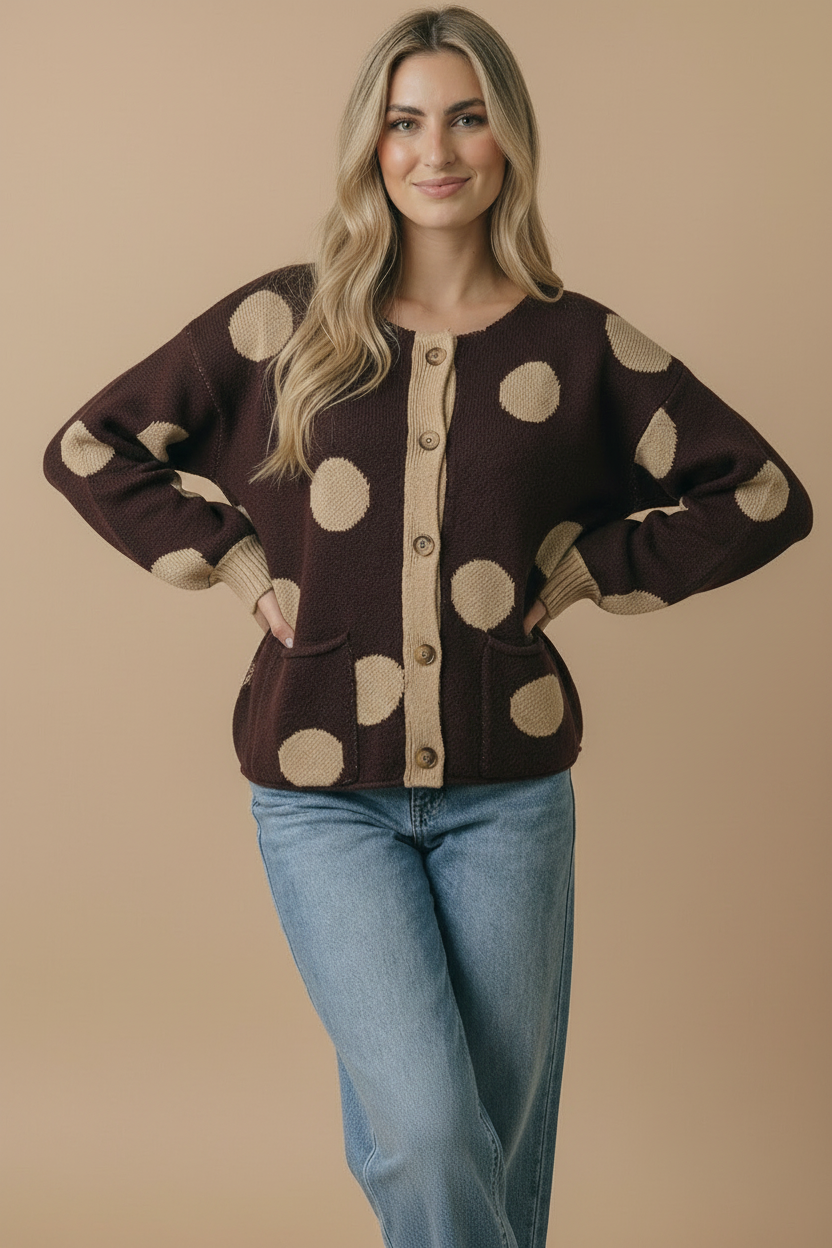 Button Down Polka Dot Jacquard Cardigan: BRUNETTE / S