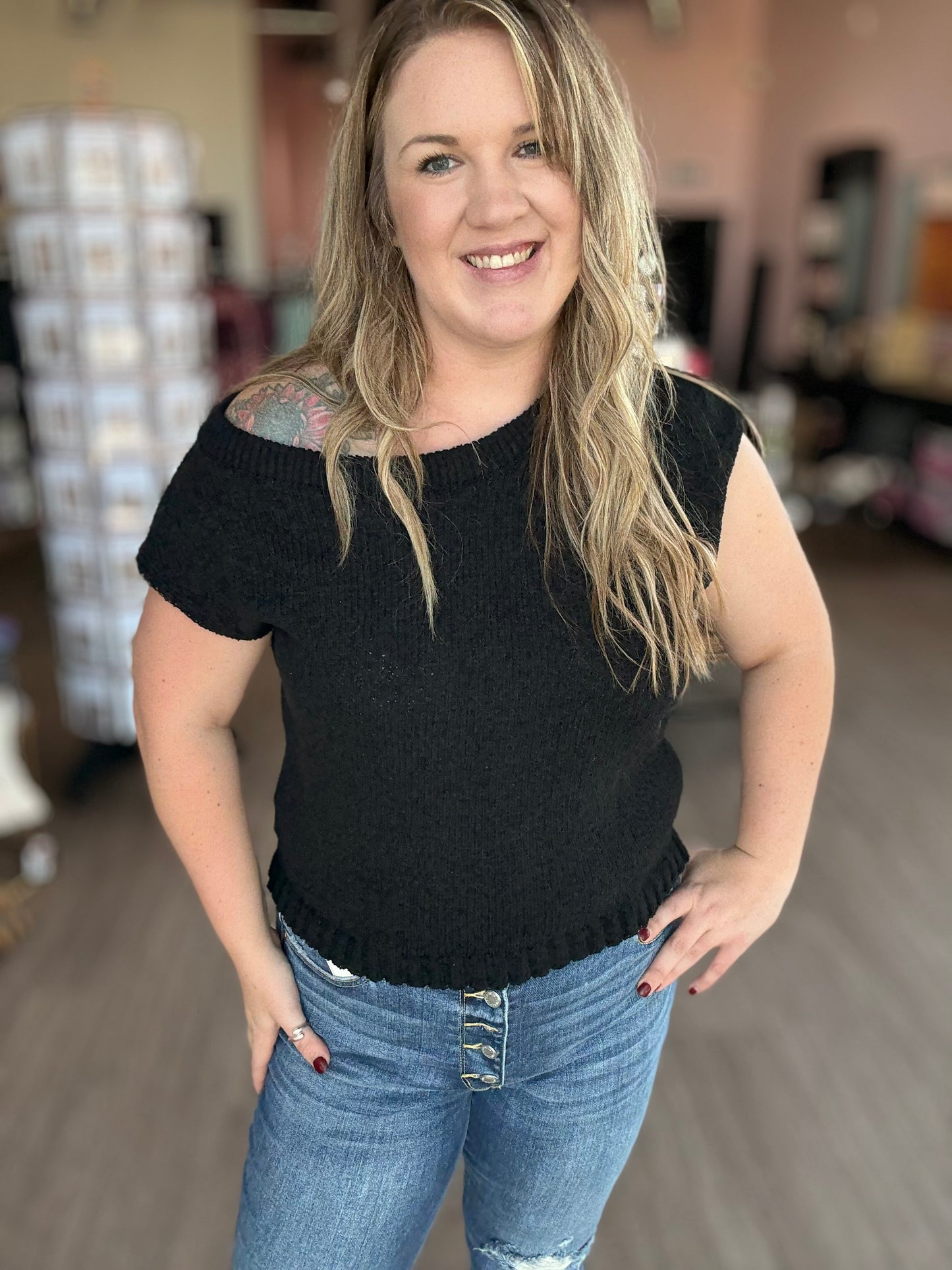 Wide Shoulder Black Knit Top