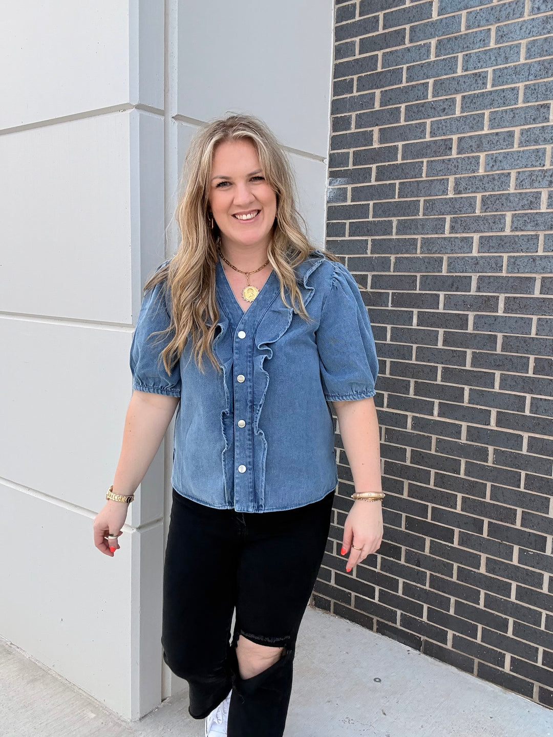 Ruffled Trim Denim Blouse