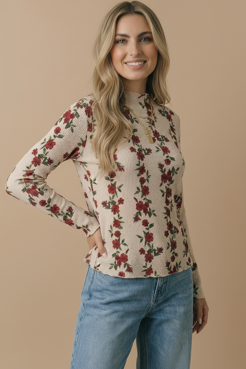 Mock Neck Floral Merrow Hem Rib Knit Top: TAUPE / S