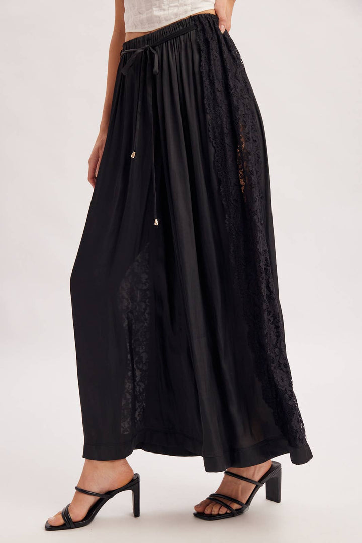 Boho Lace Trim Satin Wide Pants