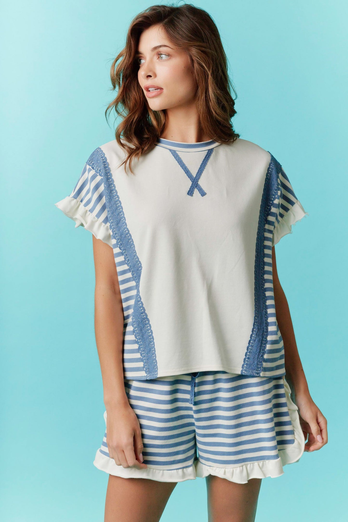 Blue Terry Stripe Ruffled SET