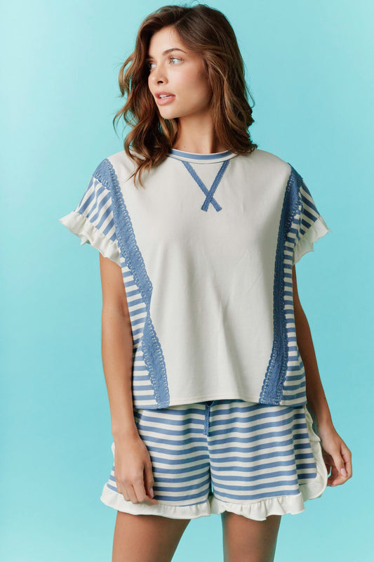 Blue Terry Stripe Ruffled SET