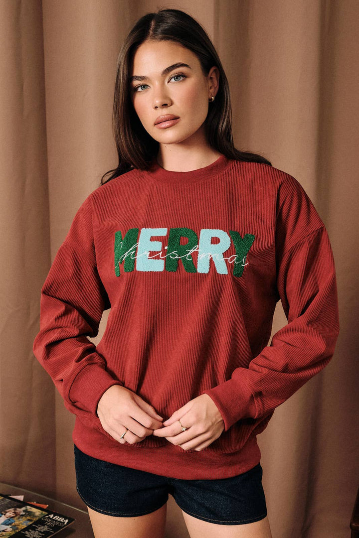 Merry Christmas Corduroy Long Sleeve Pullover Sweater: Red / L