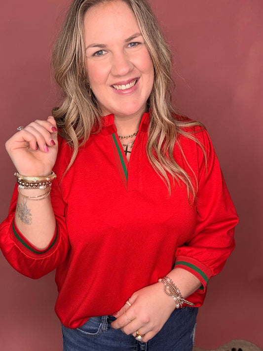 Red Blouse with Green Stripe Detail