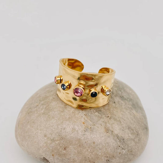 Colored Zircon Stainless Steel 18K Gold Plated Wide Ring