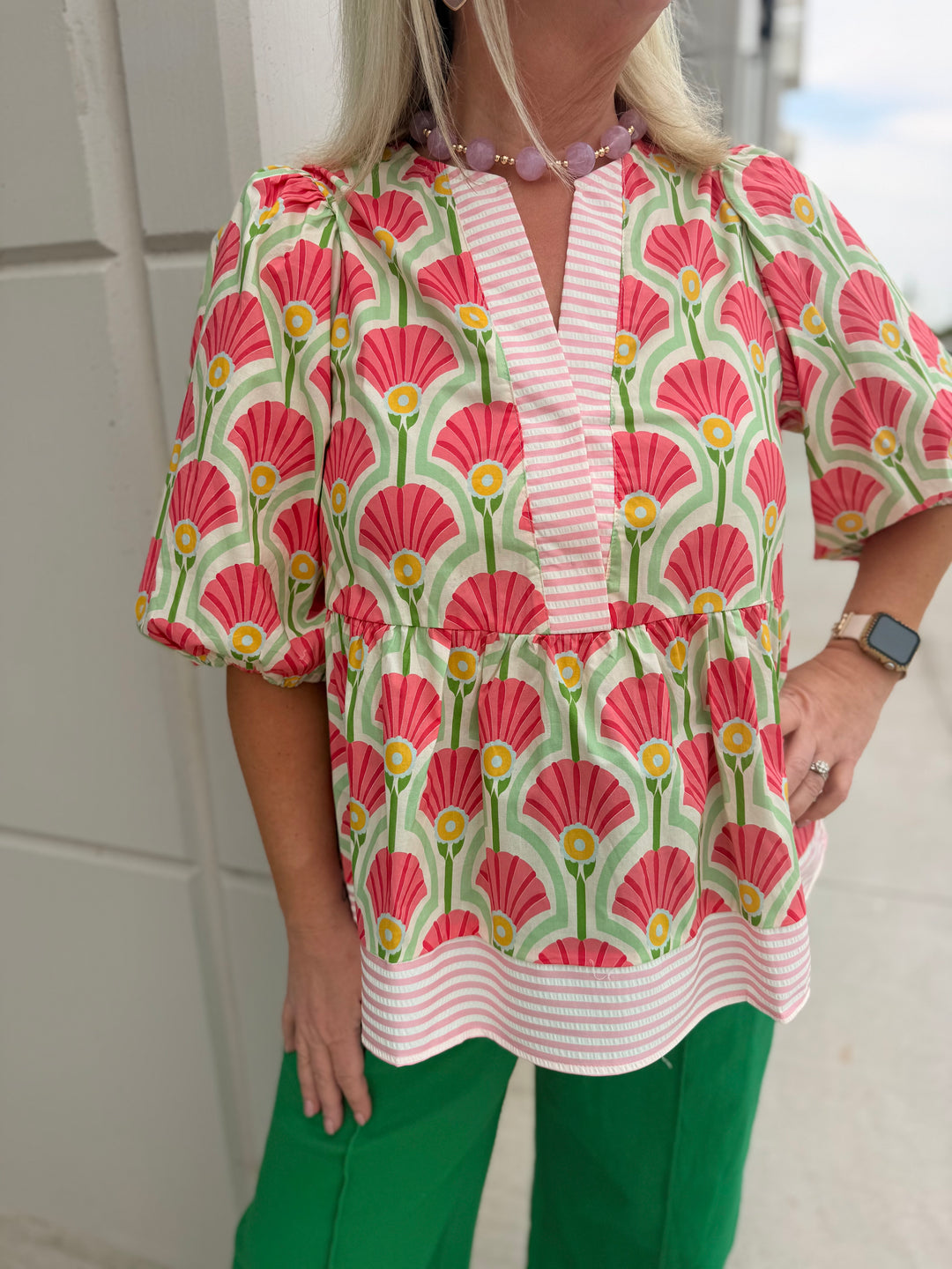 Pink/Green Fan Print w/Stripe Blouse