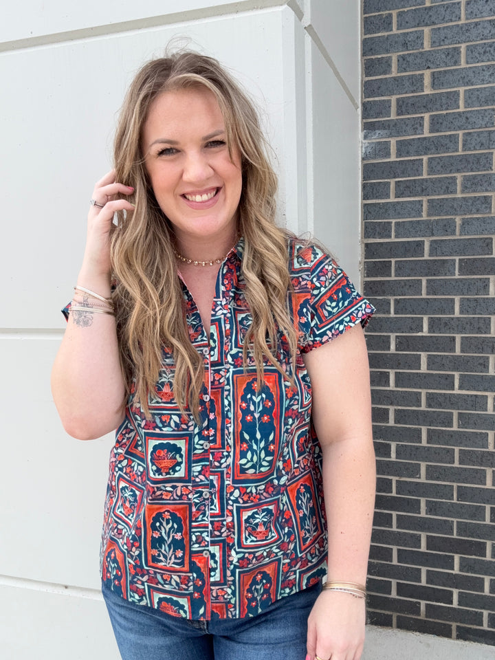 Navy Botanical Vacation Blouse