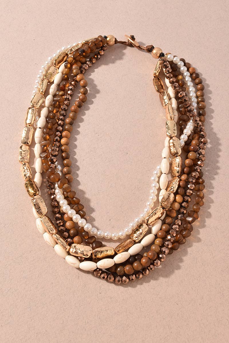 Brown Mixed Beaded Multi Strand Necklace