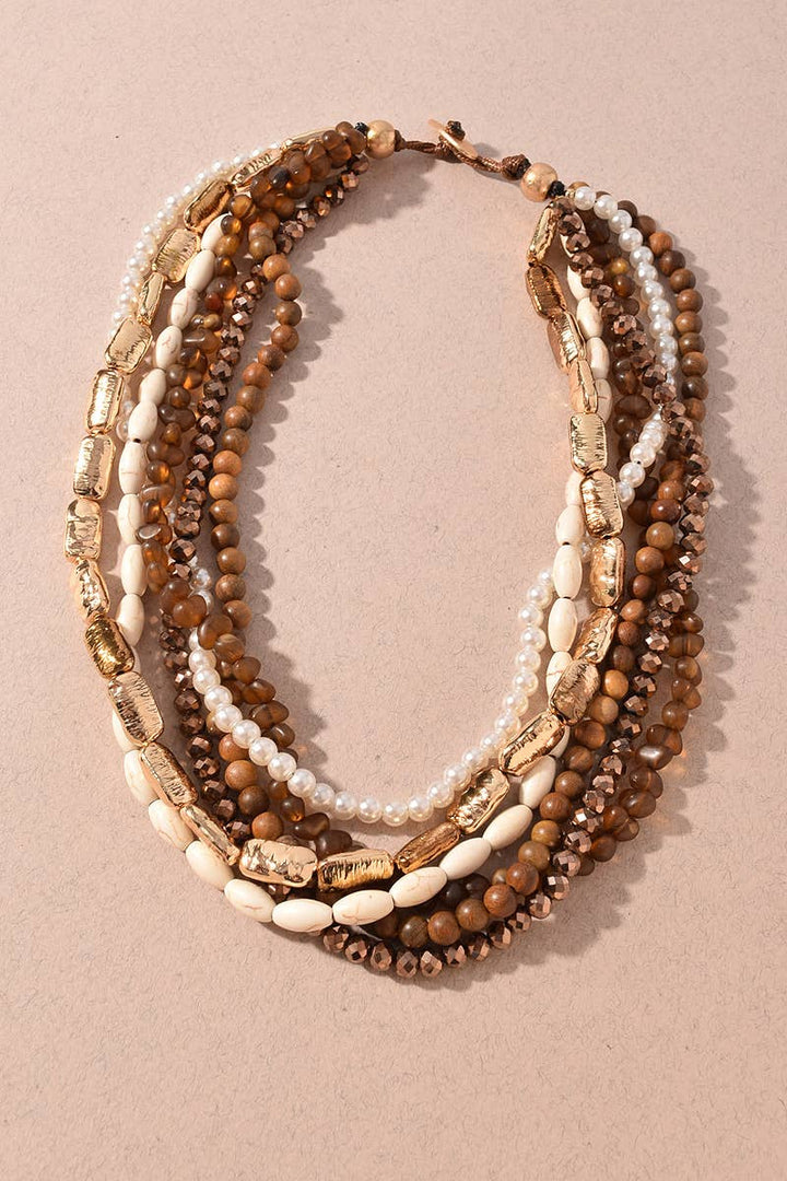 Brown Mixed Beaded Multi Strand Necklace