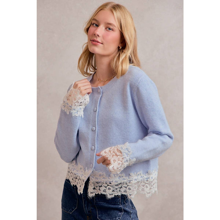 BUTTON DOWN LONG SLEEVE KNIT CARDIGAN WITH LACE TRIM: BLUE / XL