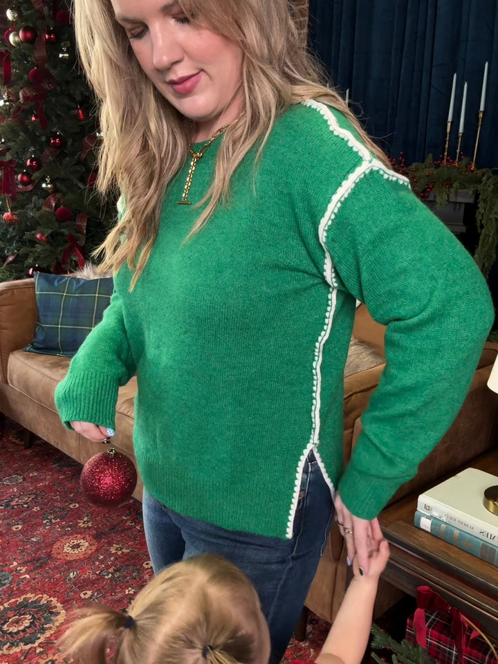 Green With Envy Blanket Stitch Sweater