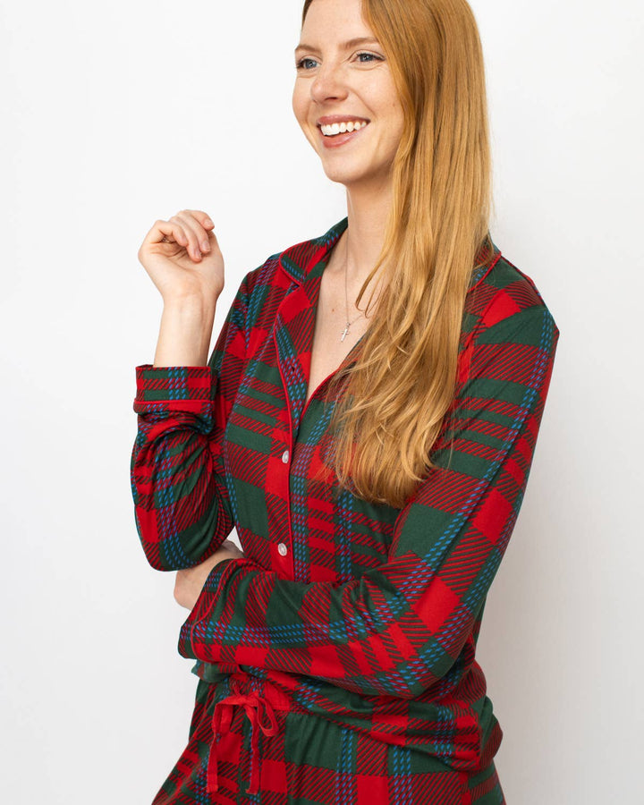 Telluride Plaid Long Sleeve Button Up Sleep Shirt   Dark Green/Red/Blue   -Asst.: Medium