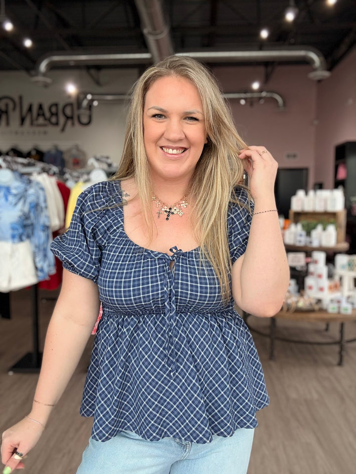 Navy Plaid Babydoll Blouse