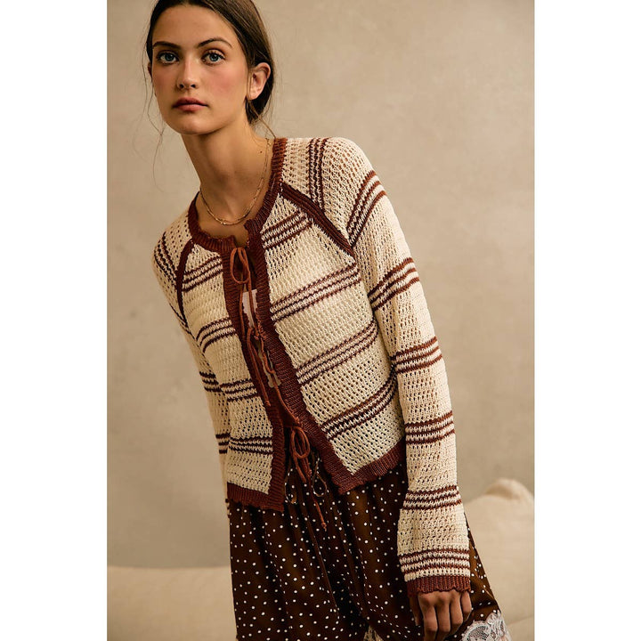 STRIPE OPEN KNIT TIE SWEATER TOP: BROWN / XL