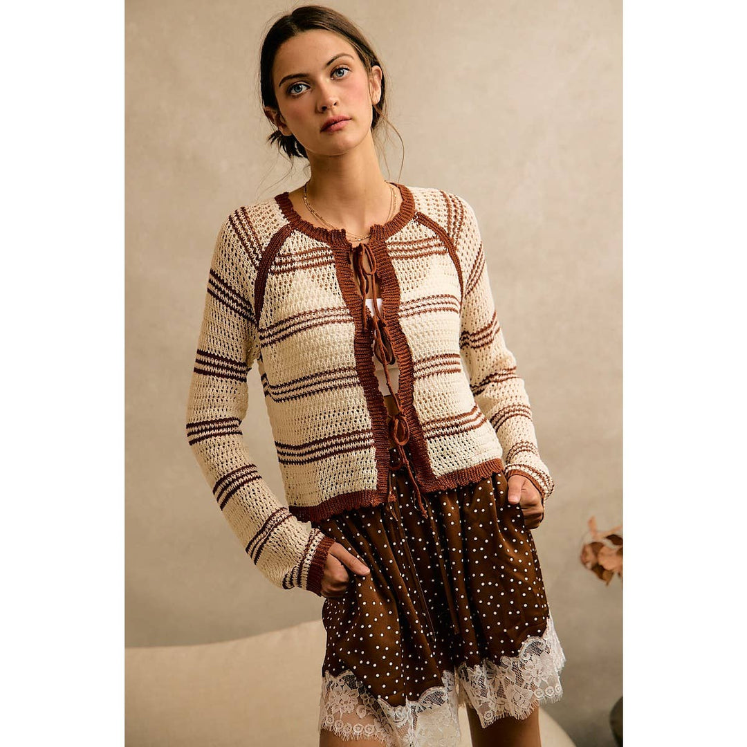 STRIPE OPEN KNIT TIE SWEATER TOP: BROWN / XL