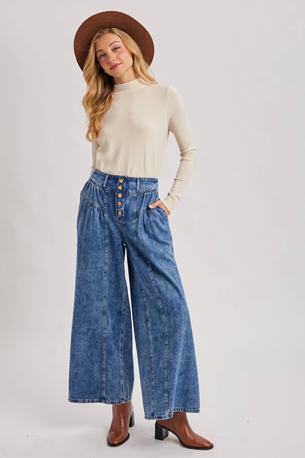 Retro Pleated Denim Wide Leg Jeans