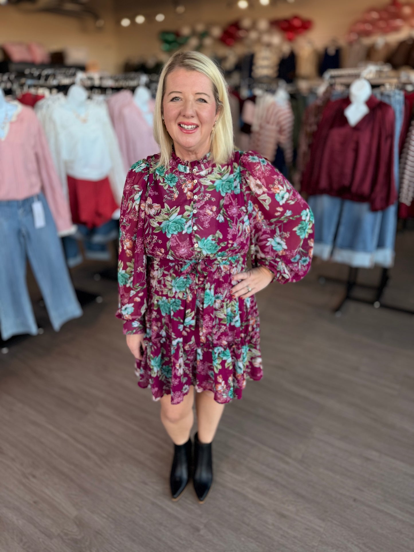 Plum Long Sleeve Flower Mini Dress