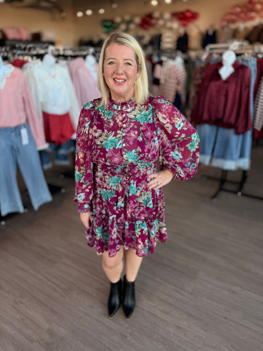 Plum Long Sleeve Flower Mini Dress