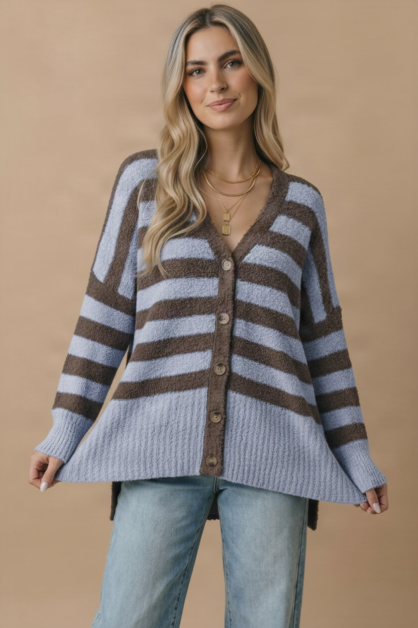 V Neck Stripe Popcorn Oversized Fit Cardigan: BROWN/SLATE BLUE / S