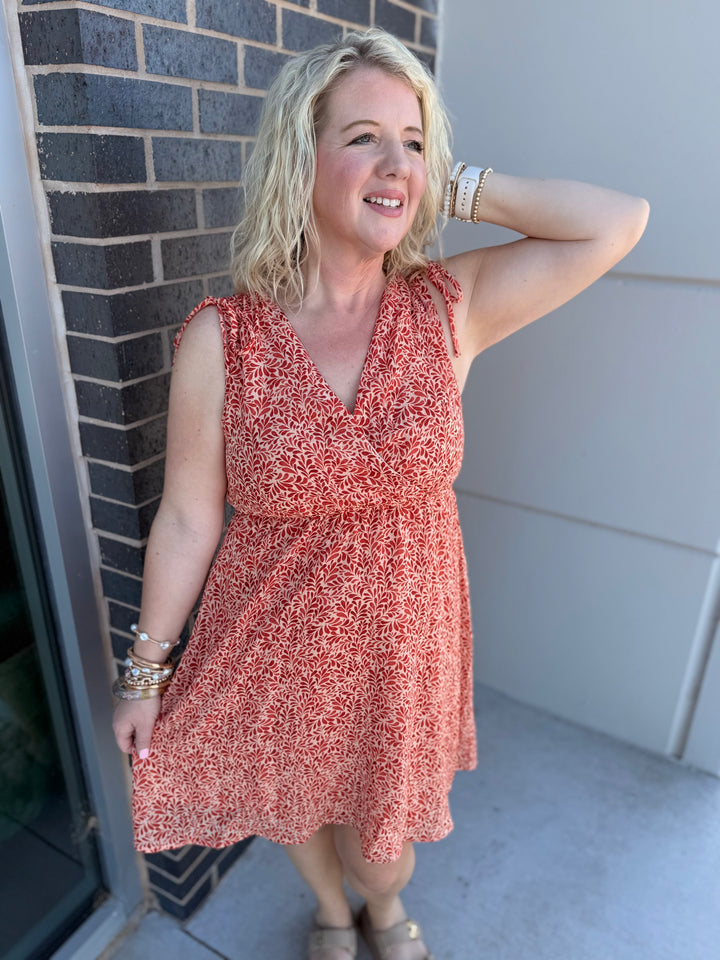Rust Surplice Dress w/ Cinch Tie Shoulders