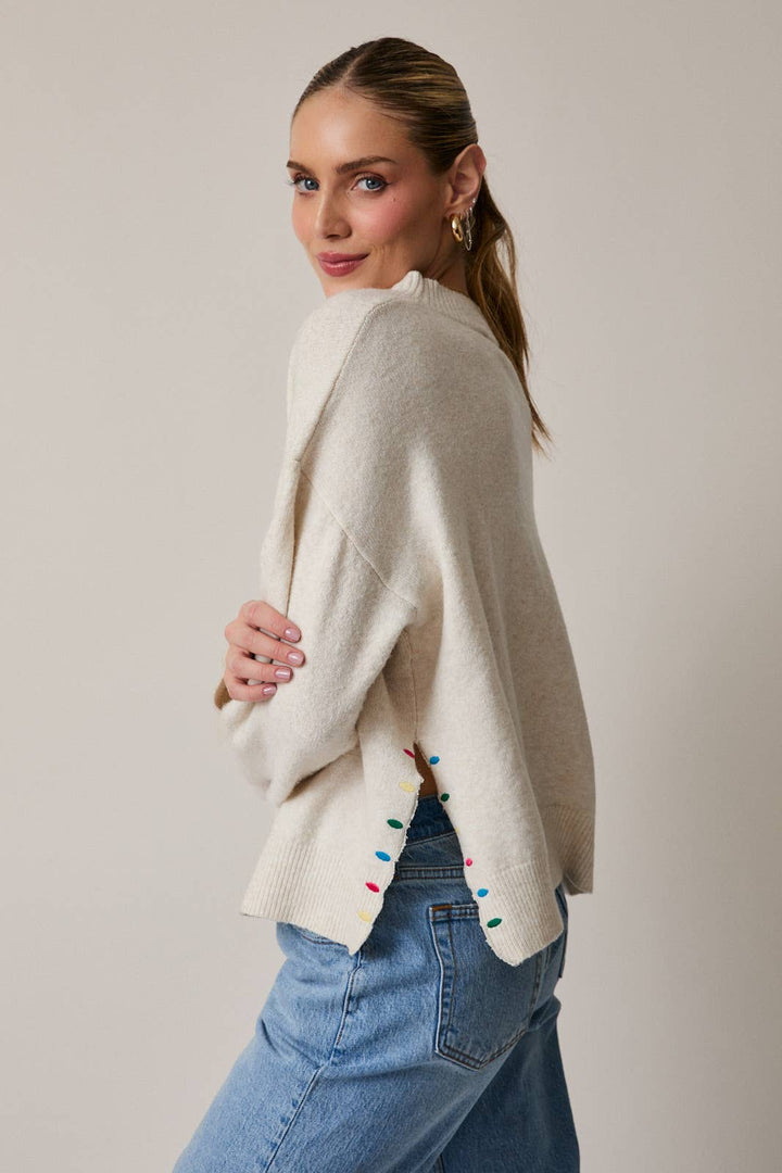 Mock Neck Long Sleeve Peace &amp; Joy Novelty Knit Sweater: Blue / L