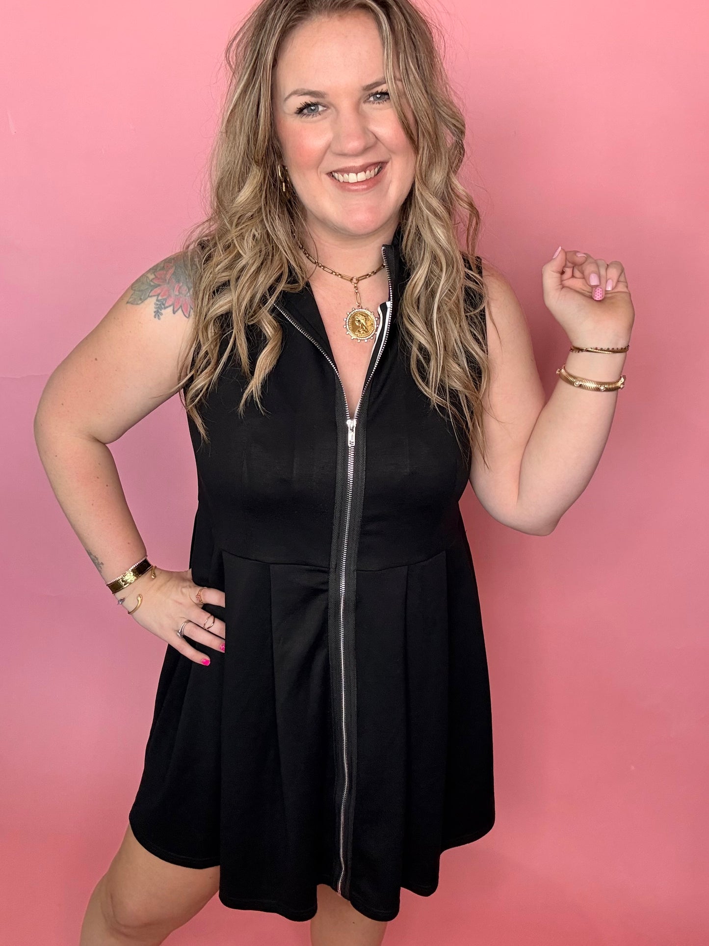 Black Scuba Zip Down Dress