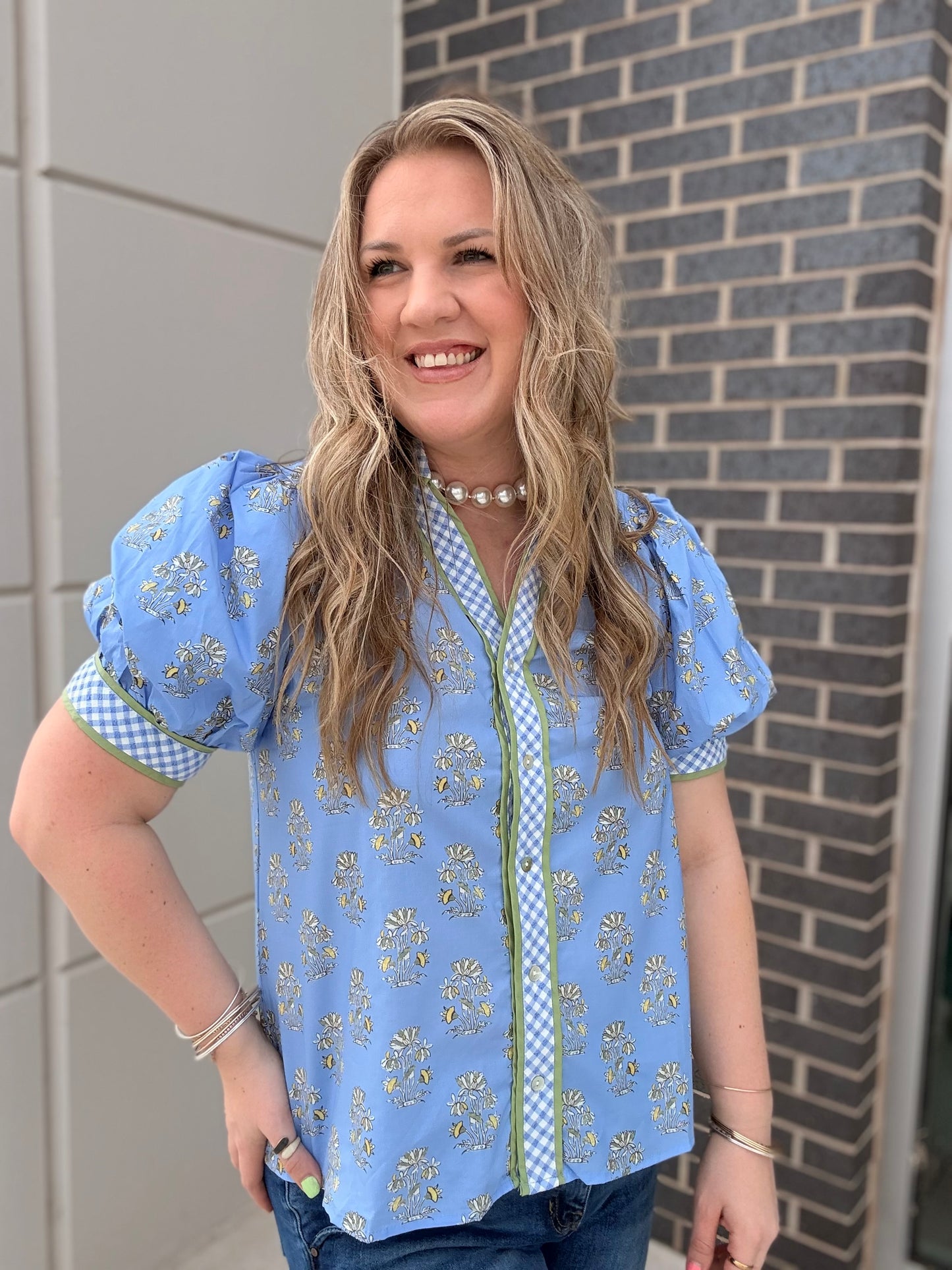 Blue Flower Gingham Accent Blouse