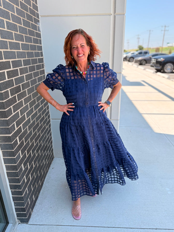 Navy Gridded Maxi Dress