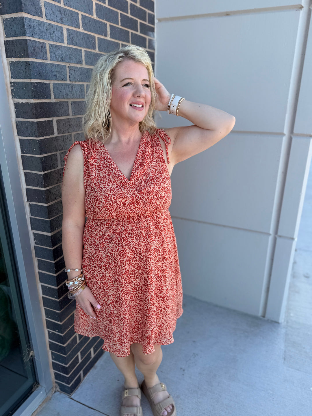 Rust Surplice Dress w/ Cinch Tie Shoulders