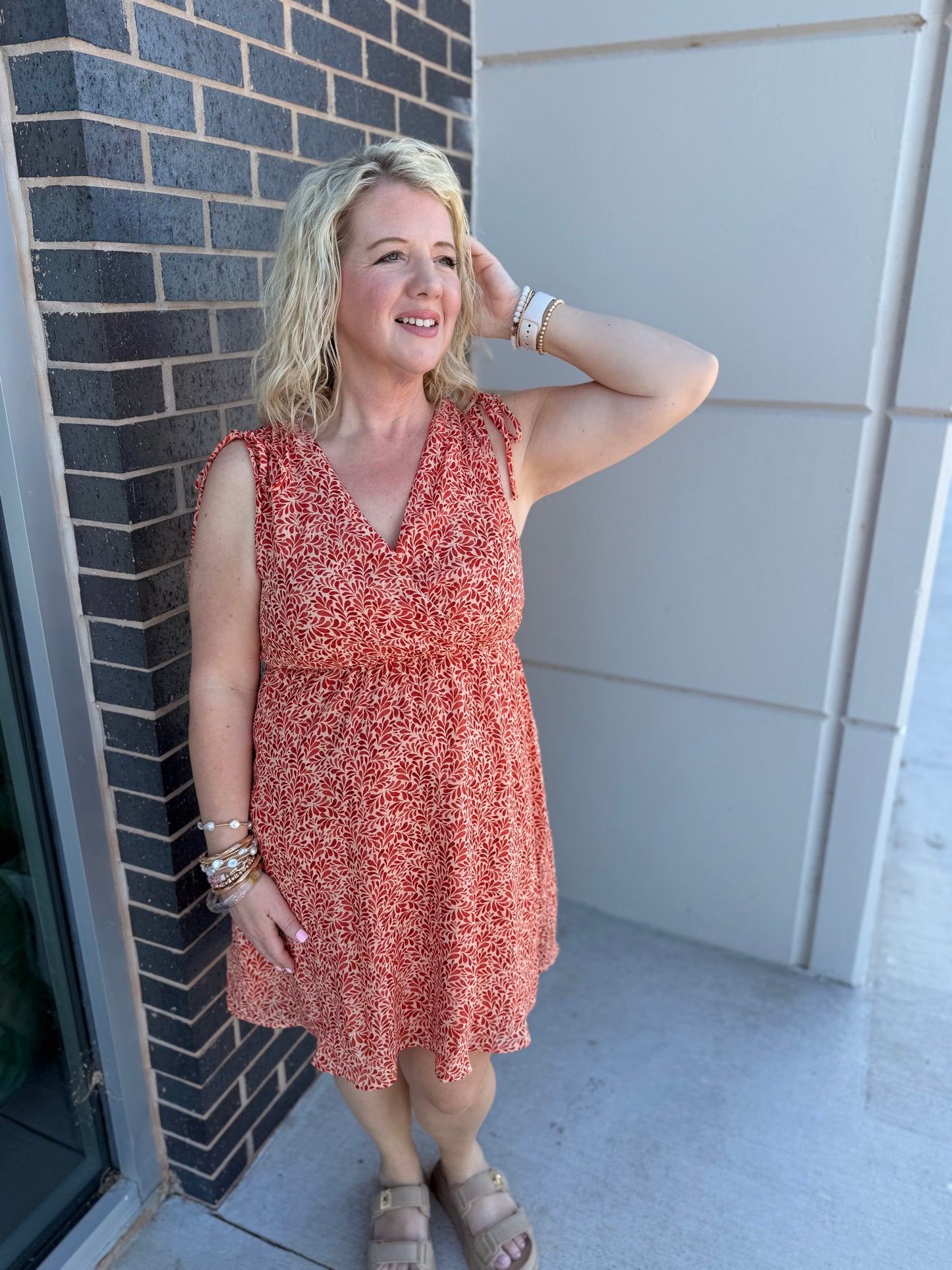 Rust Surplice Dress w/ Cinch Tie Shoulders