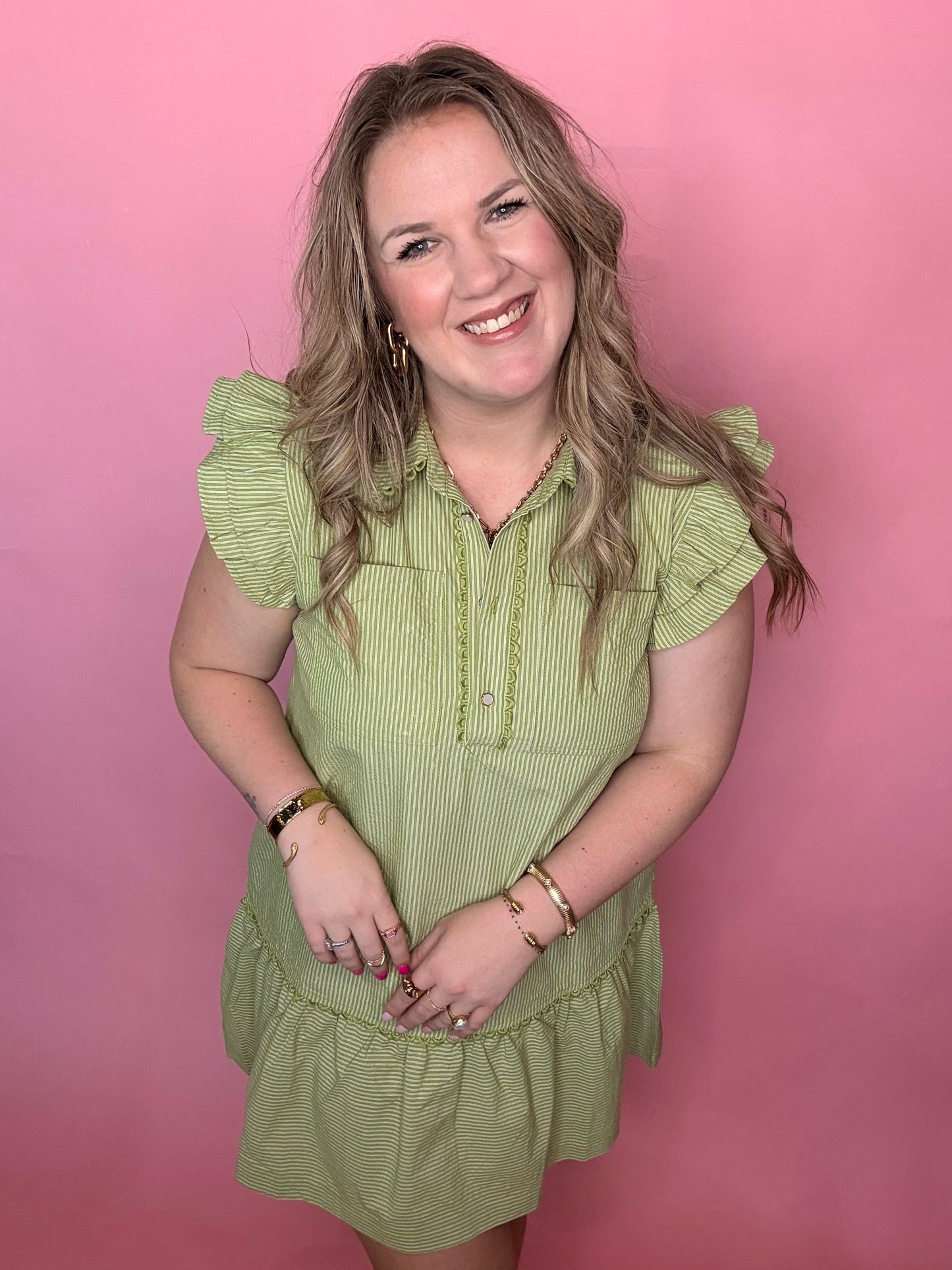 Avocado Pinstripe w/Scallop Dress