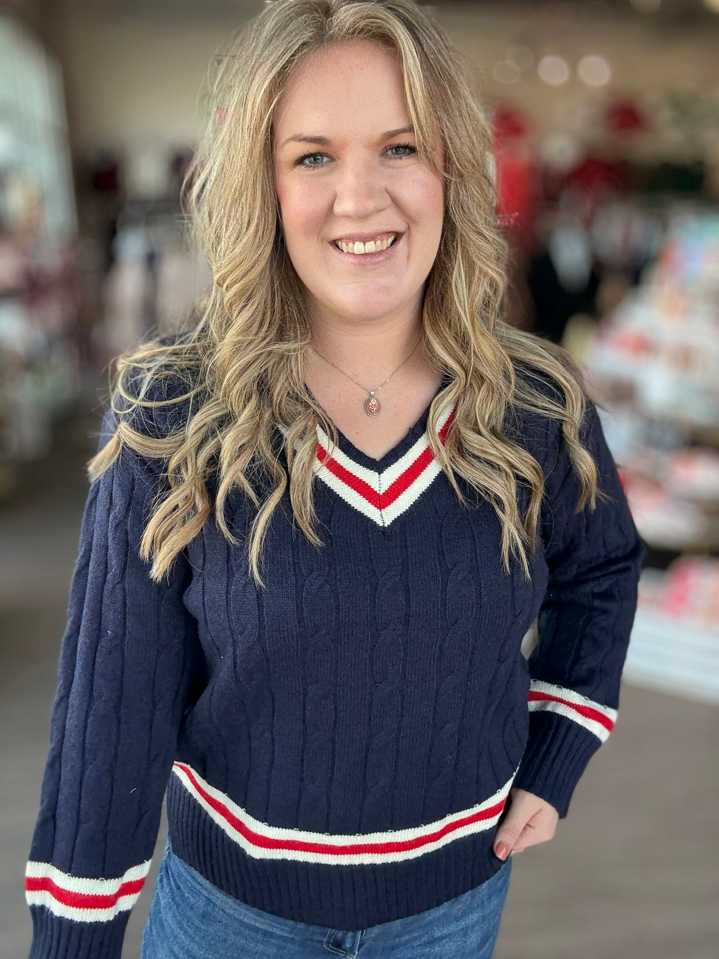 Navy Red Stripe Cable Knit Sweater