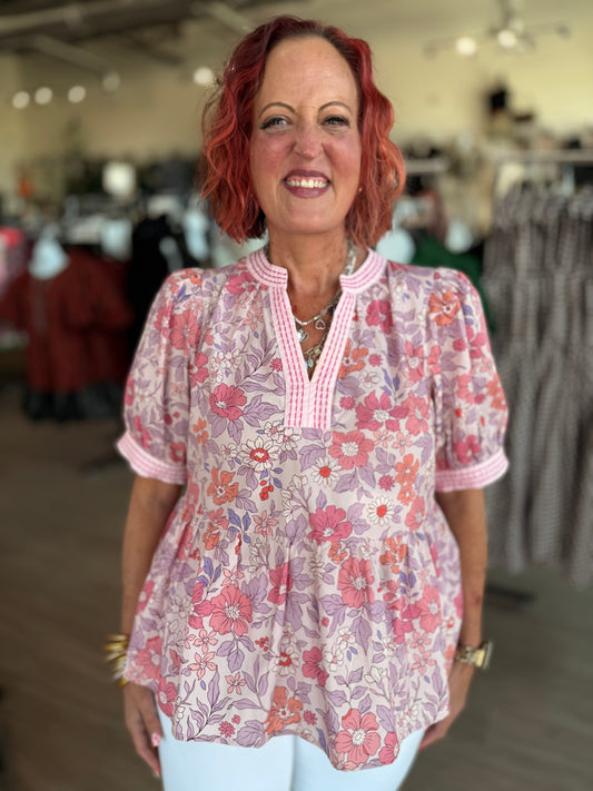 Pink Floral Cuff Band Top