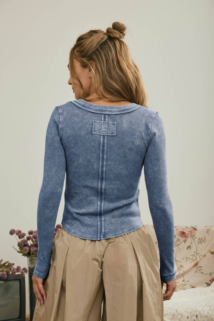 Washed Vintage Blue Ribbed Henley