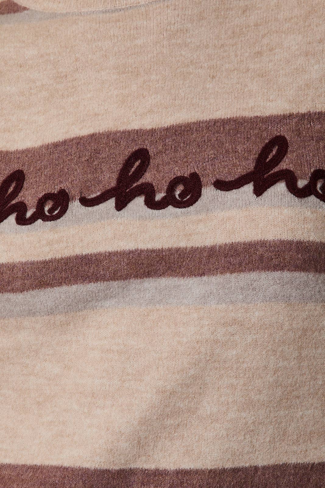 CREW NECK LONG SLEEVE "HOHOHO" STRIPE SWEATER: MAUVE-MULTI STRIPE / S