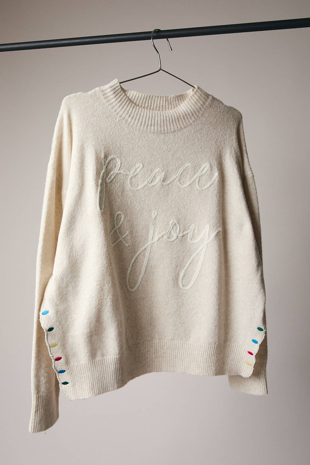 Mock Neck Long Sleeve Peace &amp; Joy Novelty Knit Sweater: Blue / L