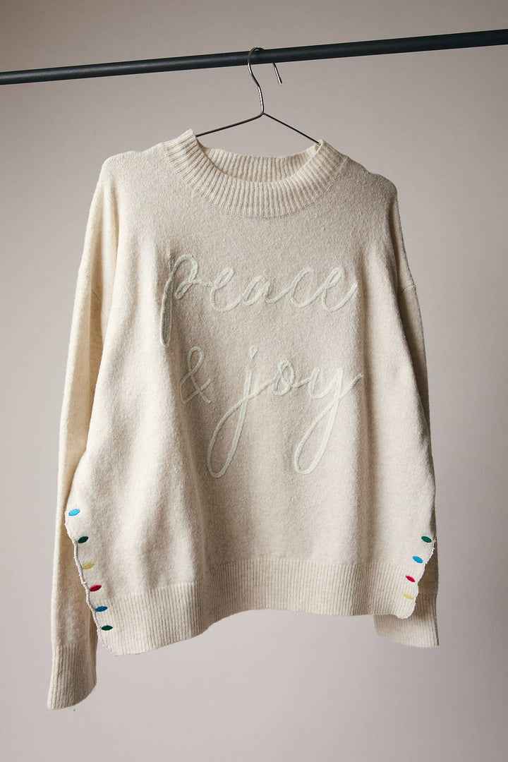 Mock Neck Long Sleeve Peace &amp; Joy Novelty Knit Sweater: MOCHA / L