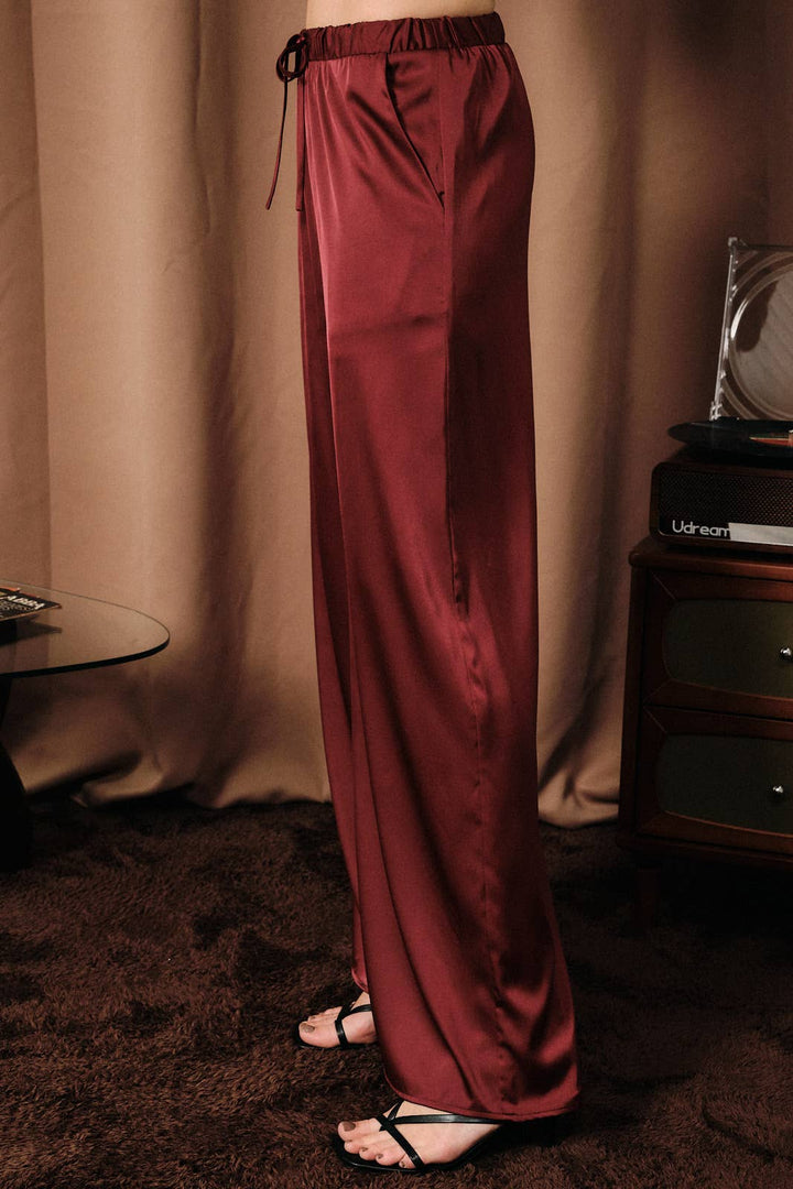 High Waist Drawstring Satin Wide Leg Pants: Burgundy / L
