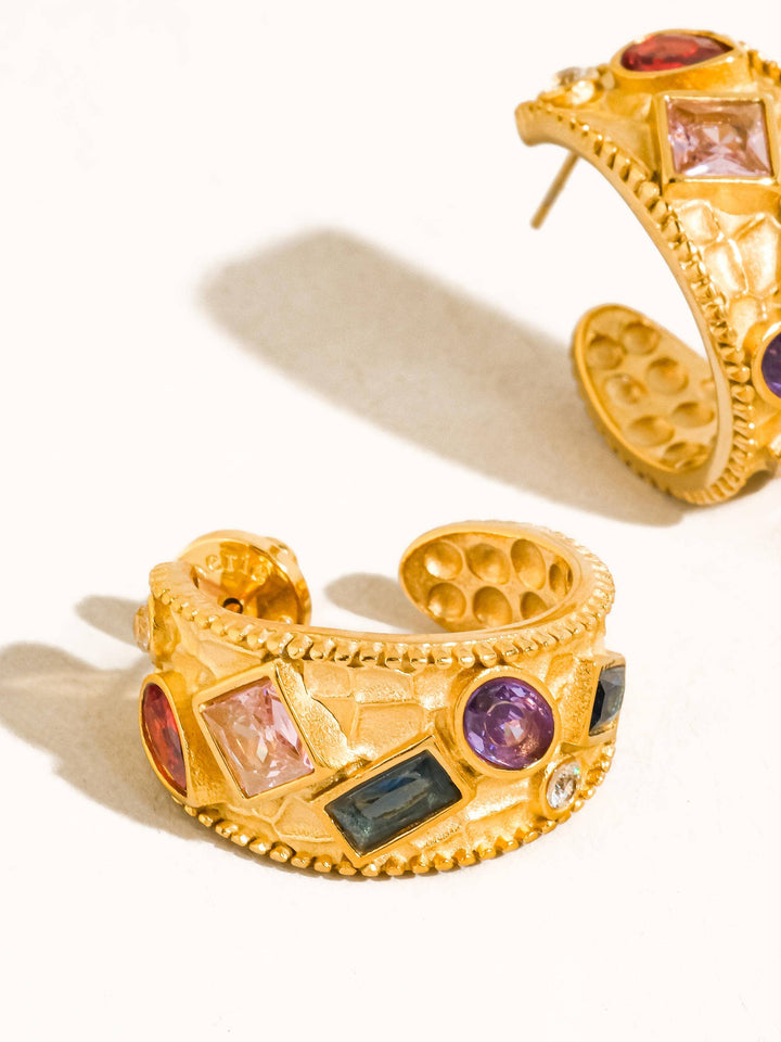 Delmare 18K Gold Non-Tarnish Vintage Gemstone Hoop Earrings