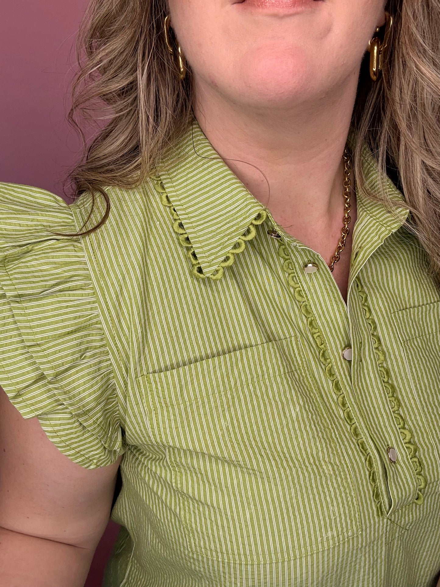 Avocado Pinstripe w/Scallop Dress