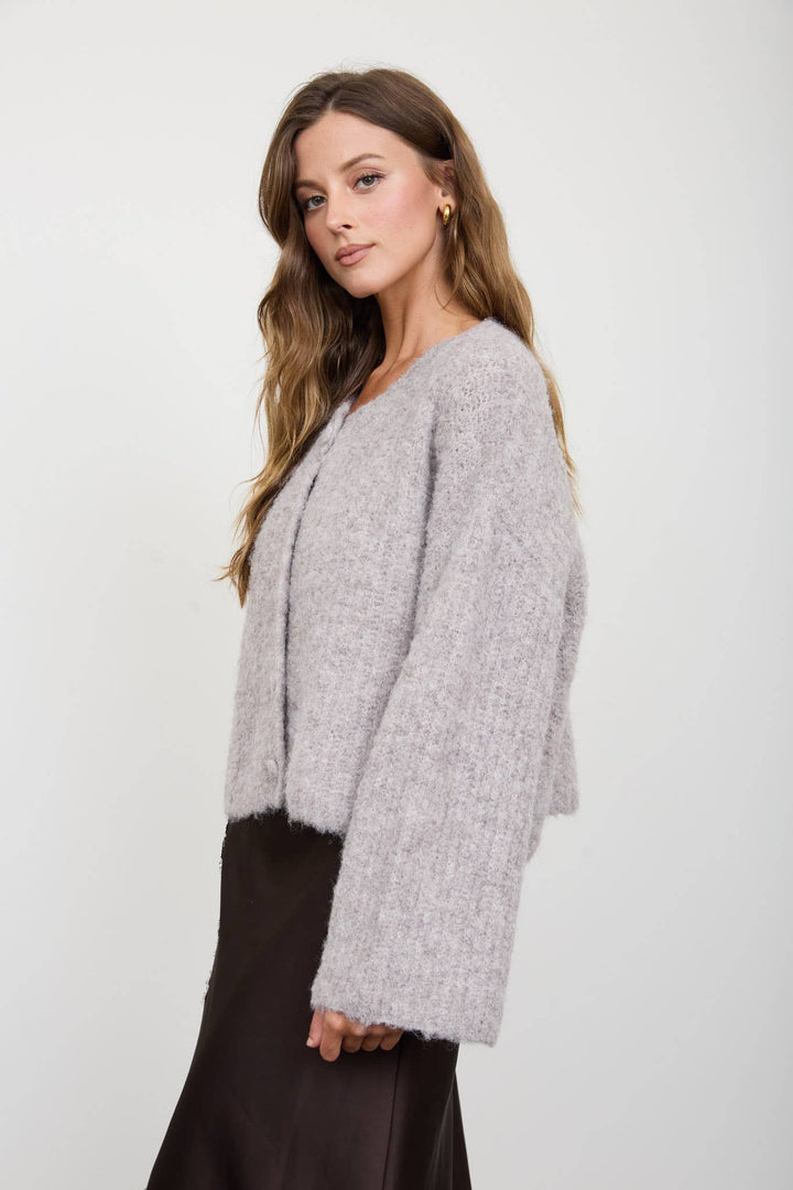 FUZZY KNIT BUTTON DOWN BOXY CARDIGAN SWEATER: CHOCOLATE BROWN