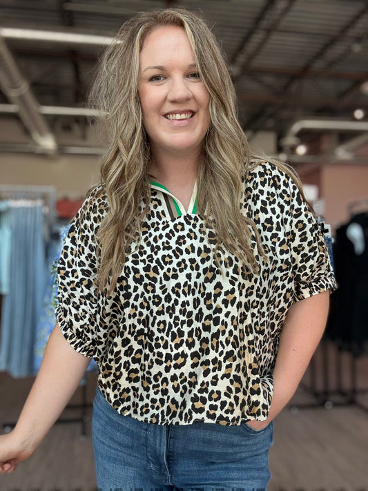 Leopard w/Green Detail Neck Top