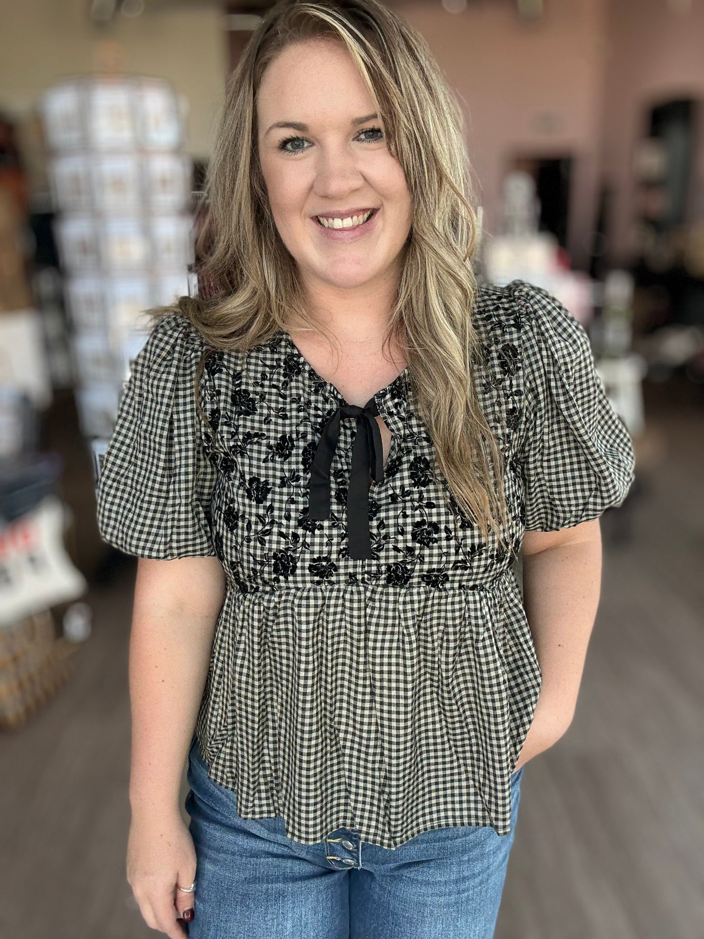Black Gingham Flower Top