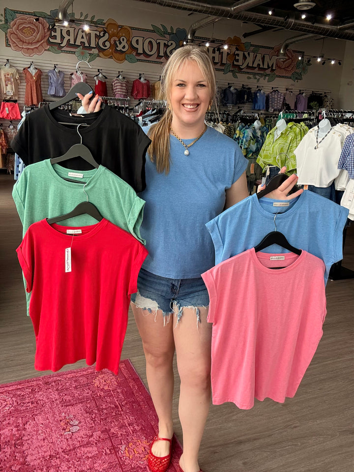 Round Neck Folded Sleeve Tee (7 Colors)