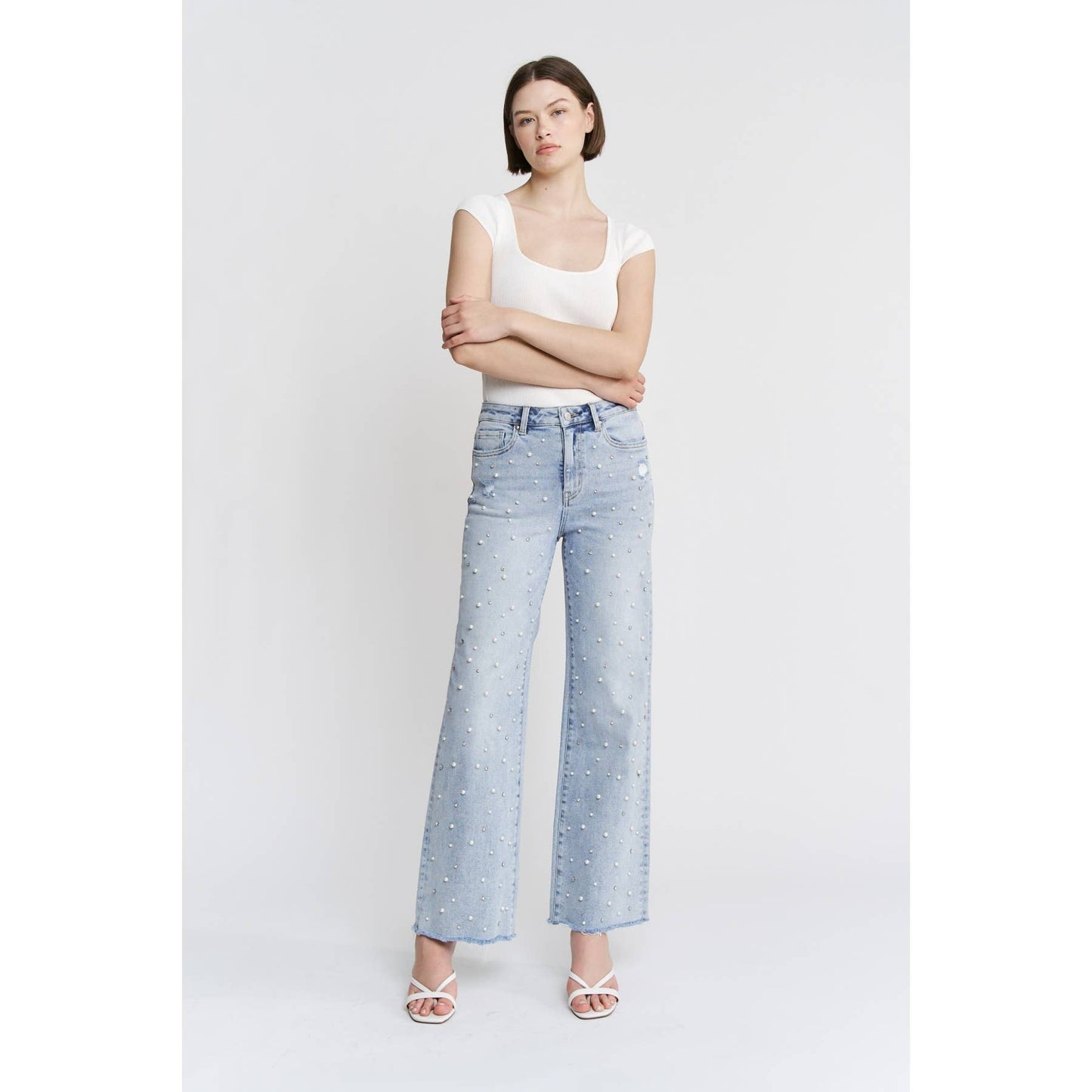Pearl Detail High Rise Wide Mica Jeans
