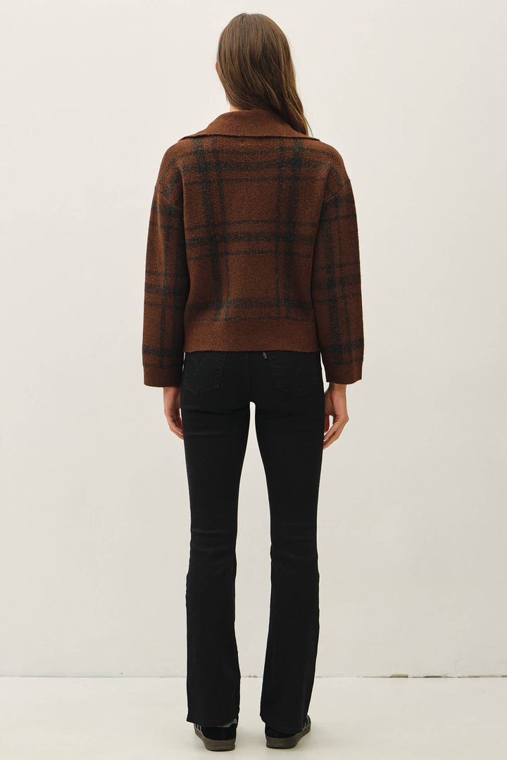 PLAID CHECK HIGH NECK COLLAR SWEATER JACKET: OLIVE / S