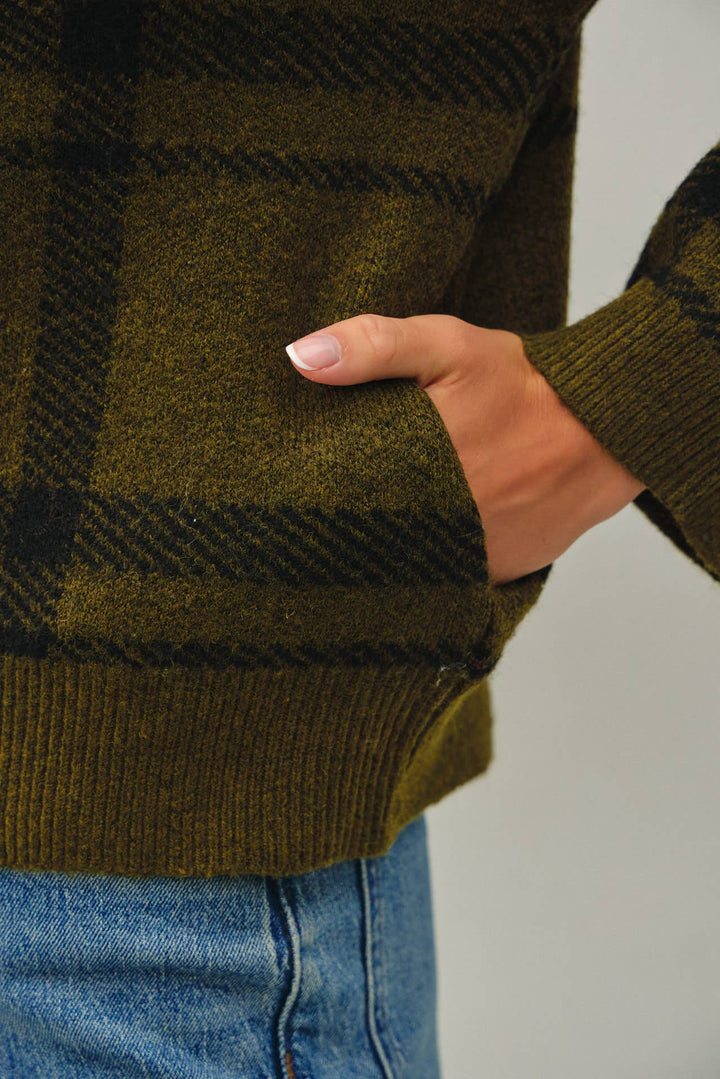 PLAID CHECK HIGH NECK COLLAR SWEATER JACKET: OLIVE / S